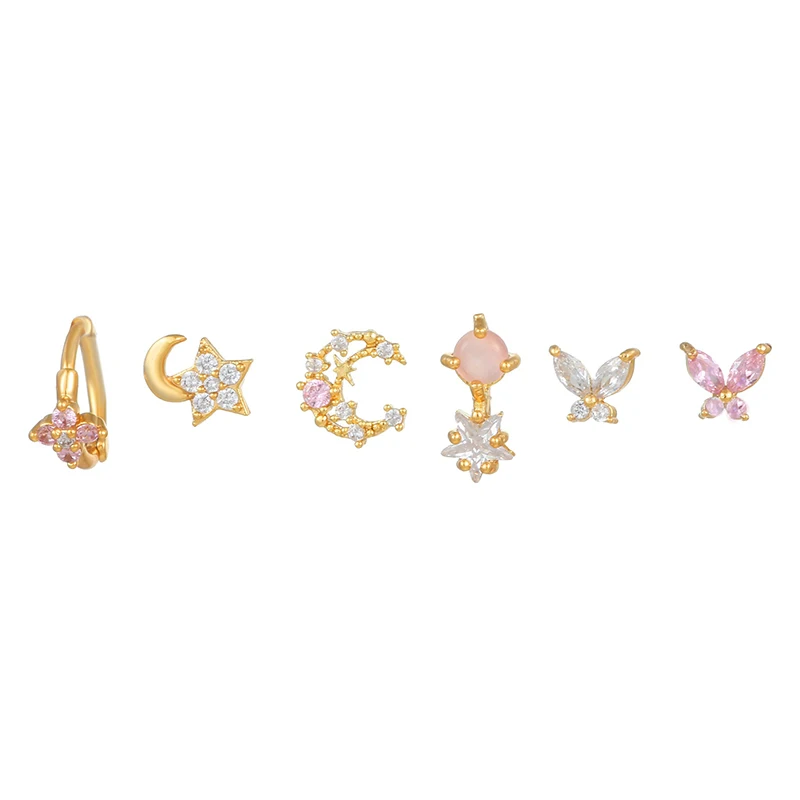 

Cute Gold Plated Star Moon Stud Earrings for Women Pink CZ Zirconia Piercing Butterfly Earrings Woman Fashion Jewelry Accessory