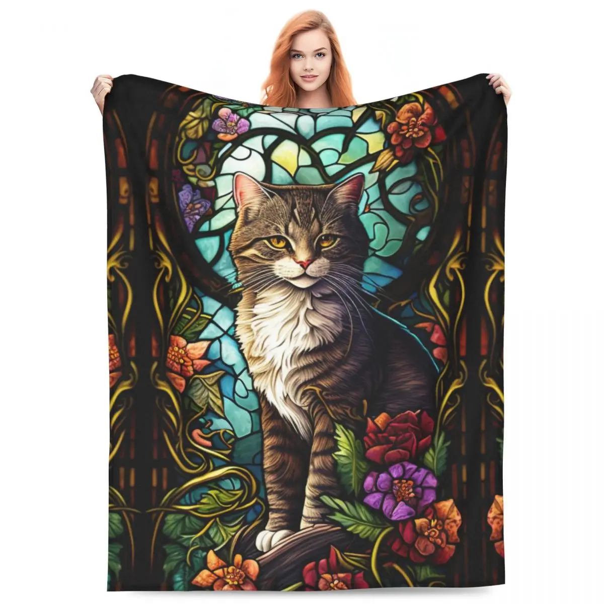 Soft Warm Blankets Picnic Cat Stained Glass Throw Blanket Colorful Flowers Flannel Bedspread Living Room Sofa Bed Cover