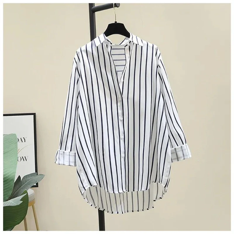 Commuting Simplicity Mid Length Striped Shirt for Women\'s Spring Autumn Lazy Style Long Sleeved Simple Loose Casual Trendy Top