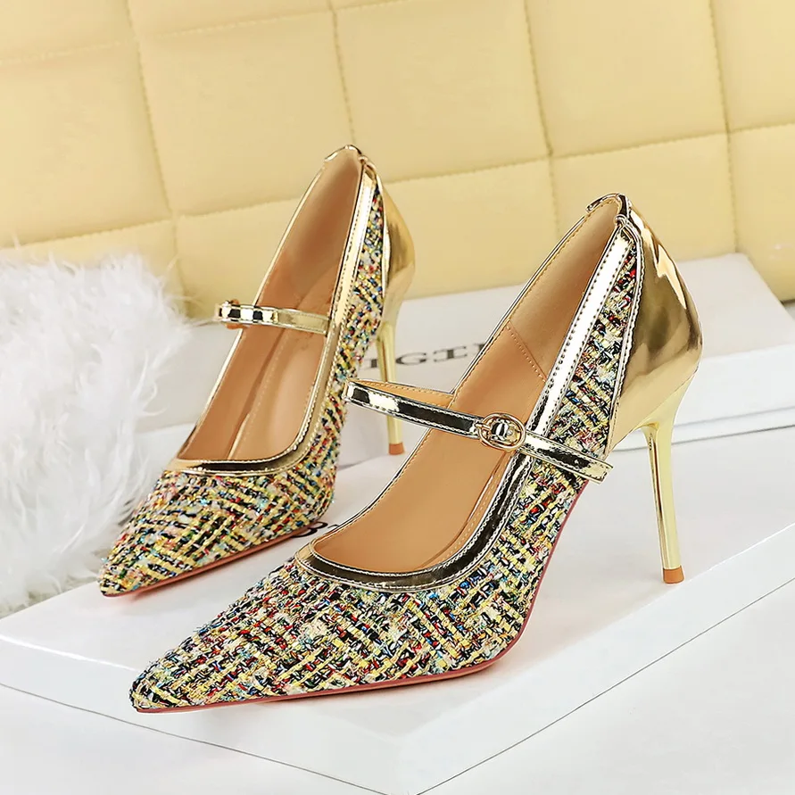 

BIGTREE Shoes New Woven cloth Women Pumps Luxury banquet shoes Fashion high heels Stiletto 9.5 cm buckle Women heels Ladies shoe