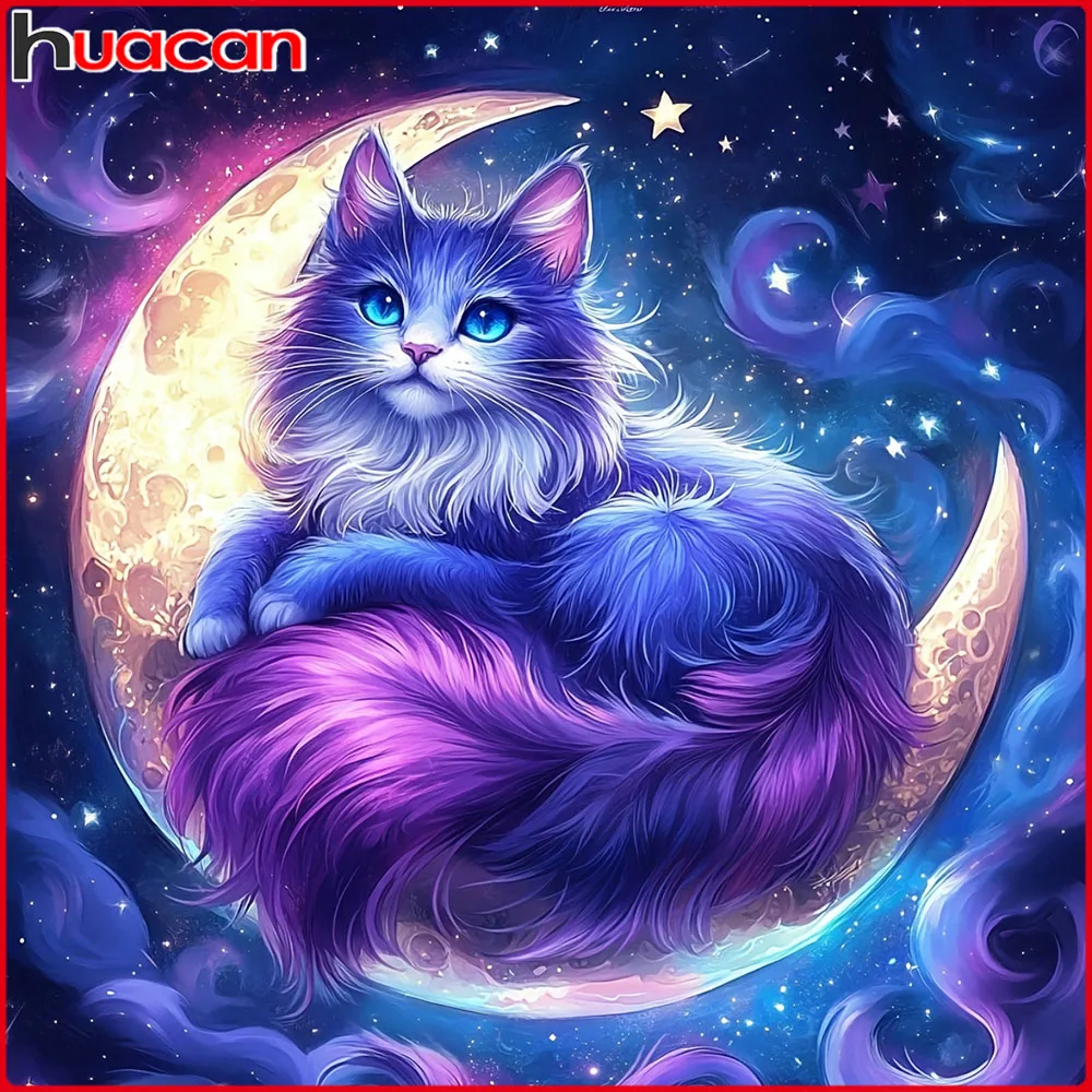 Huacan 5D DIY Diamantmalerei Mondkatze Diamant-Mosaik Tier-Landschaft Komplettes Set Dekorative Gemälde