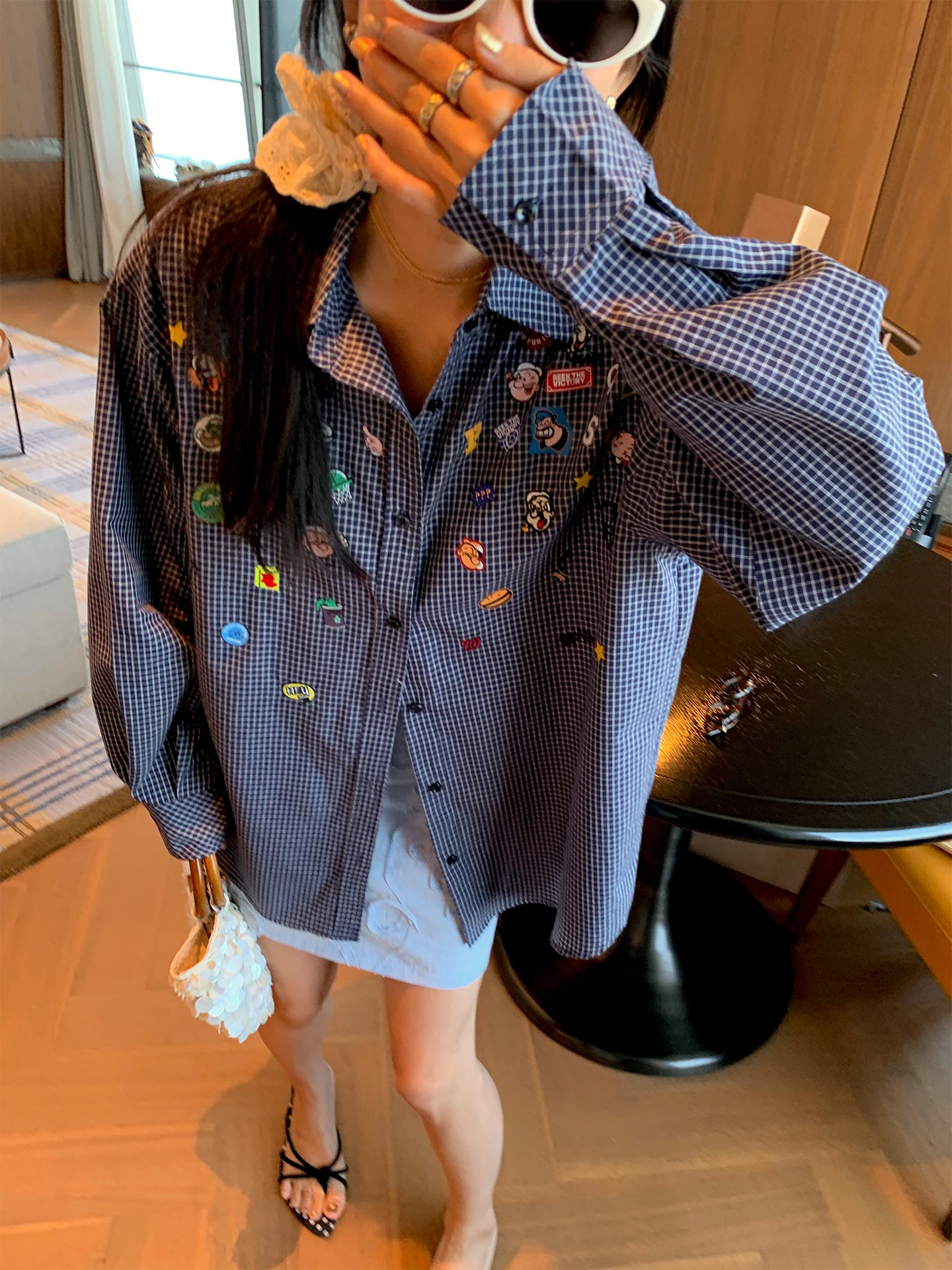 Trendy Damen Long Sve Plaid irt Loose Fit Bequeme atmungsaktive koreanische Sle Pendeln Wind Baumwolle Polyester Mischung