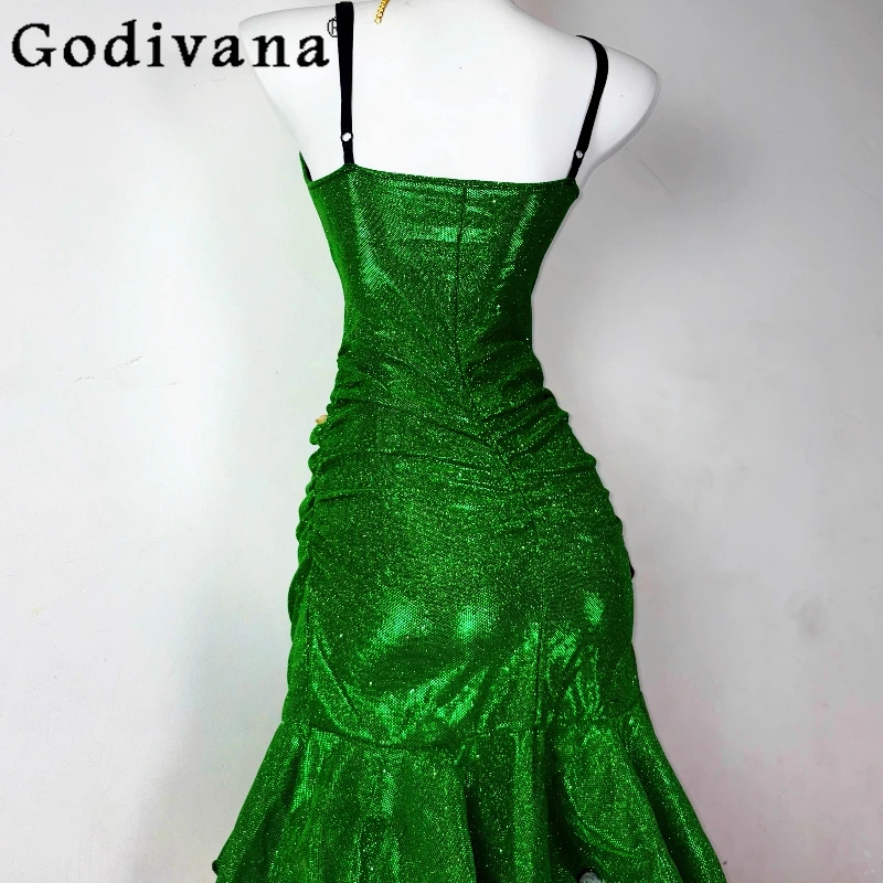 Abito da principessa verde originale fatto a mano per donna Abito sexy a coda di pesce avvolgente a vita alta Abito Lolita senza maniche femminile