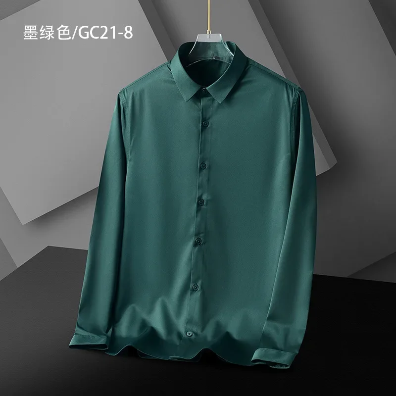 

Z136Dark teal silky men's long-sleeved shirt, no-iron breathable spring and autumn stretch shirt for groom