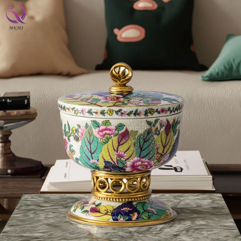 

Colorful Food Container With Brass Stand Retro Ceramic Candy Box Sealed Fruit Storage Box With Lid For Luxury Home Decor
