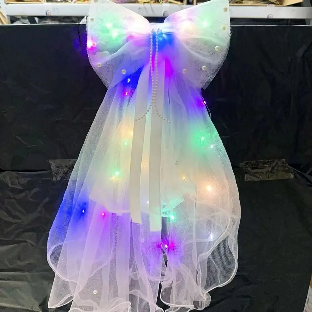 Gift LED Light Glowing Veil Ribbon Bow Two Layers Soft Tulle Glitter Veil Dress Up Bridal Veils Accessories for Women Girls