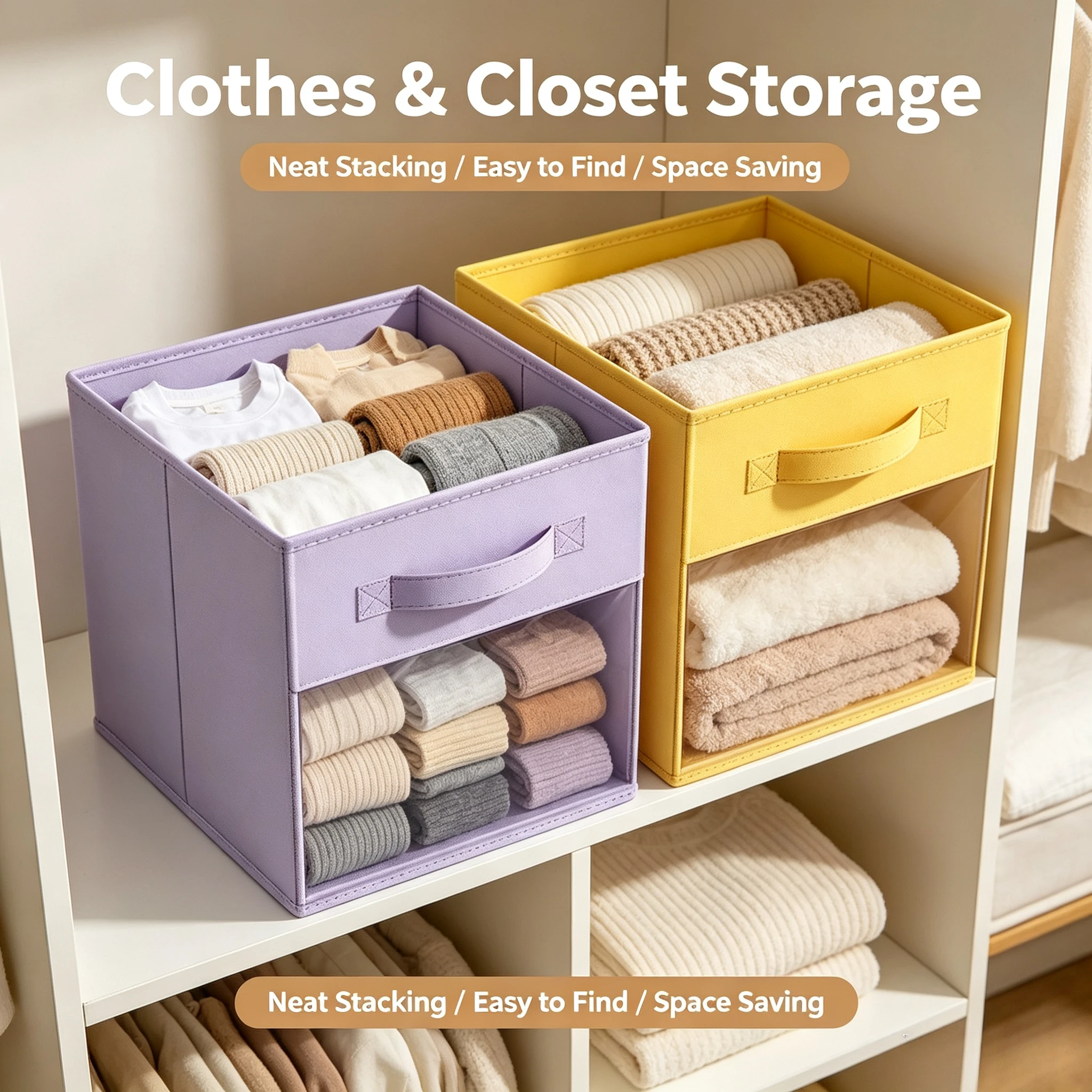 2Pcs Thick Foldable Fabric Storage Cubes, 13in Bin with Reinforced Handles, Neutral Tone Organizer for Clothes Toys & Gifts