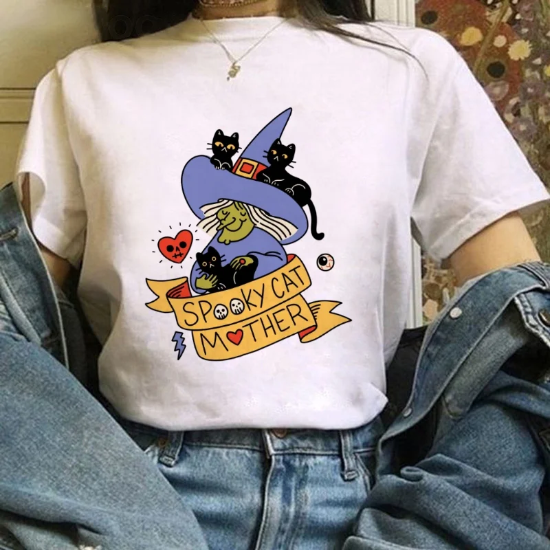 شبح القط أمي الساحرة المطبوعة نمط تي شيرت هالوين المرأة عادية لطيف الأعلى قصيرة الأكمام المرأة المطبوعة شعبية تي شيرت