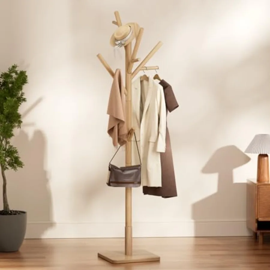 

Solid Wood Coat Rack - Freestanding Coat Hat Rack Stand with 14 Hooks Clothes Rack Heavy Duty Space Saving Entryway Coat Tree H
