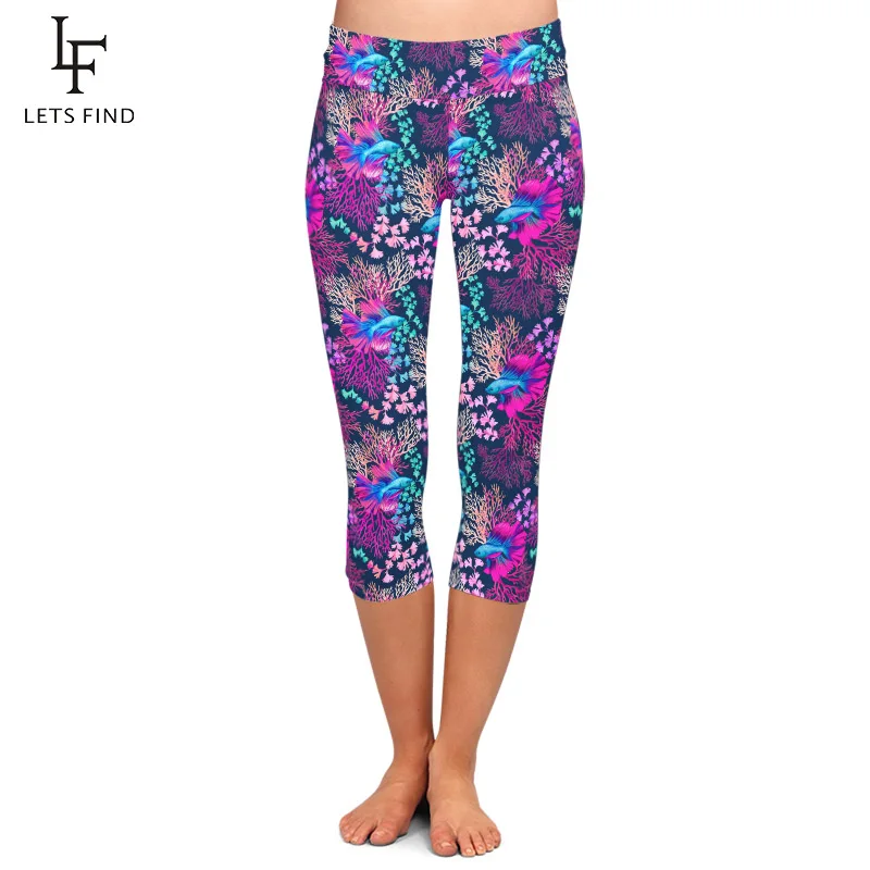 

LETSFIND Summer High Quaility 3D Rainbow Fish Printing Women Capri Leggings High Waist Soft Fitness Mid-Calf Leggings