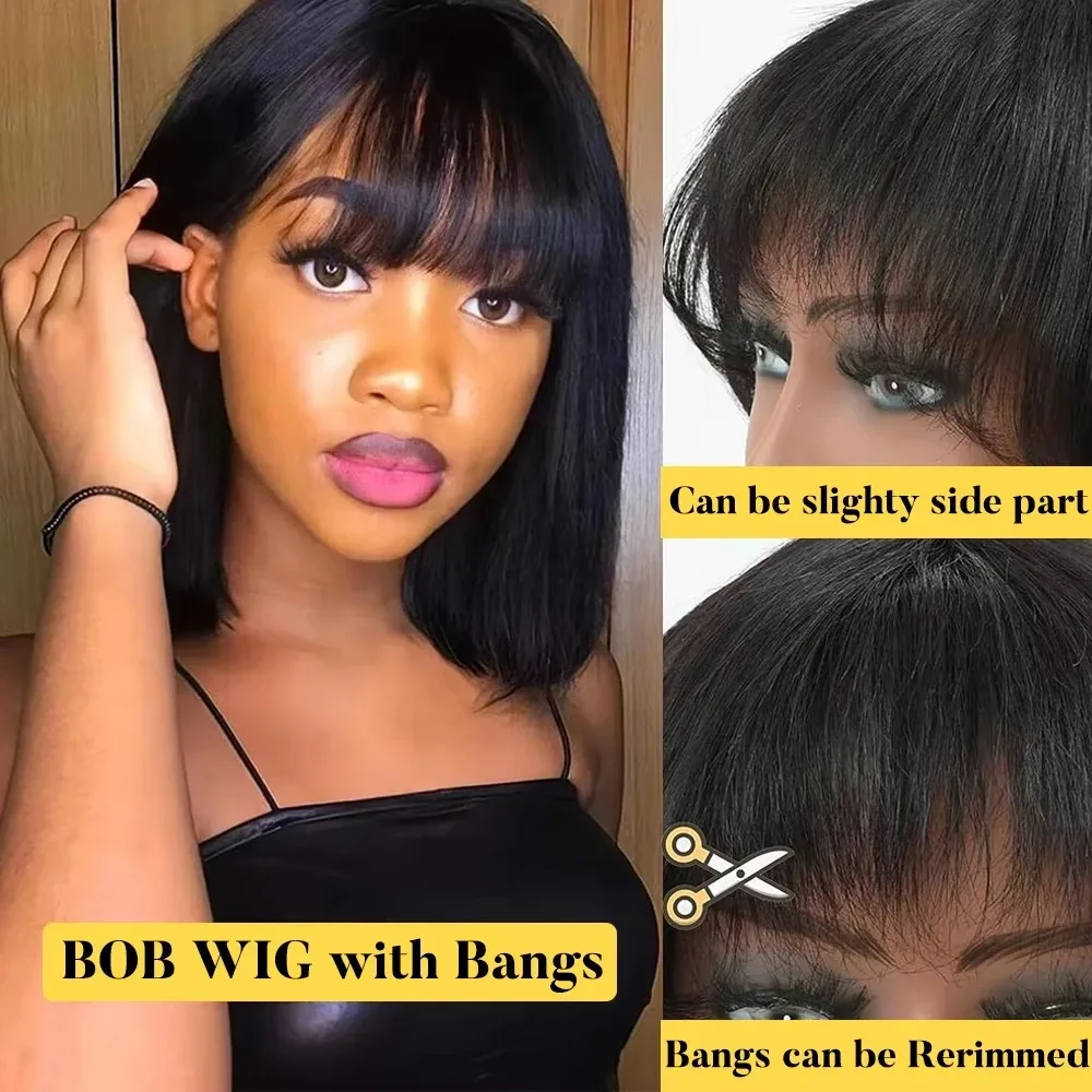 8-In Bob Short Bangs Natural Straight Hair with Multiple Colors Available for Everyday Wear Wigs Novice Friendly