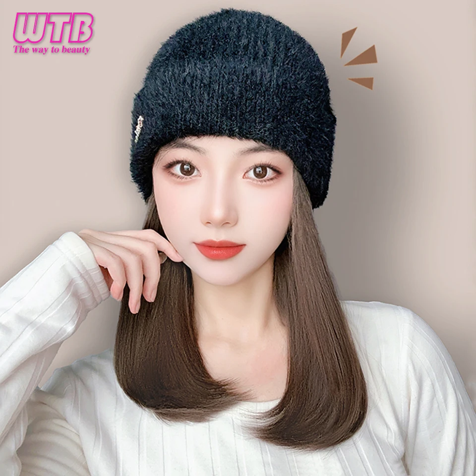 WTB Synthetic Hat Wig One Female Fashion Knitted Hat Clavicle Hair Autumn and Winter Wool Hat BoBo Hair Wig Hat