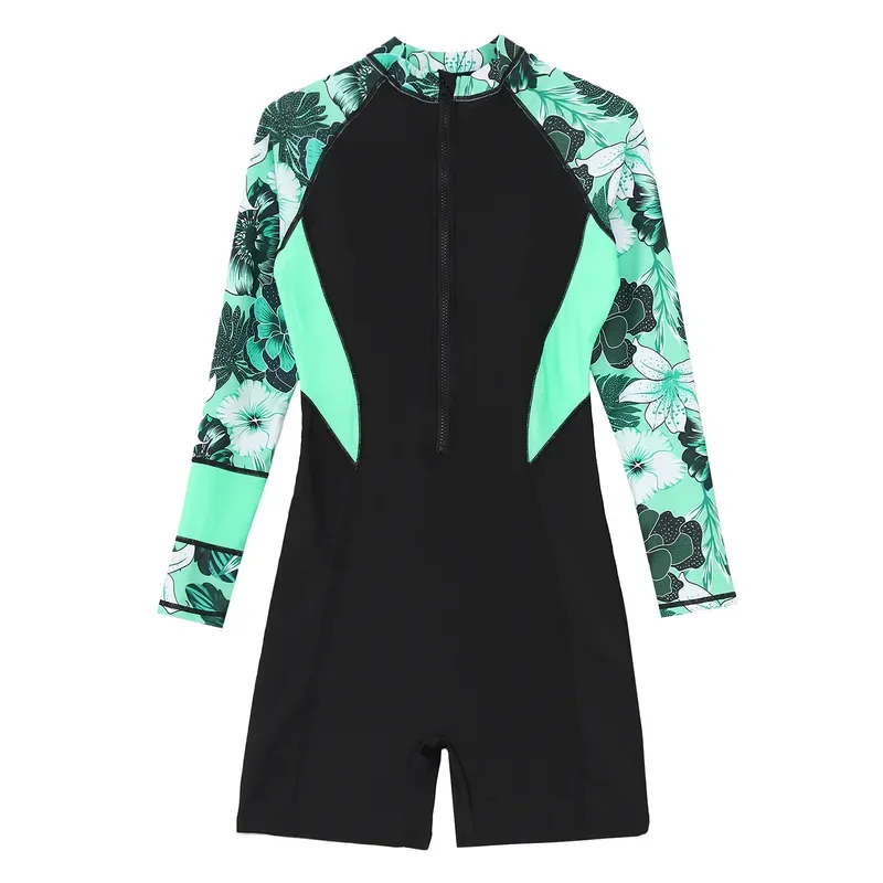 RT01 Женский спортивный купальник с цветочным принтом и длинным рукавом Boyleg на молнии Купальники UPF 50+ Рашгард Пляжный гидрокостюм для серфинга Bathin & Gf1