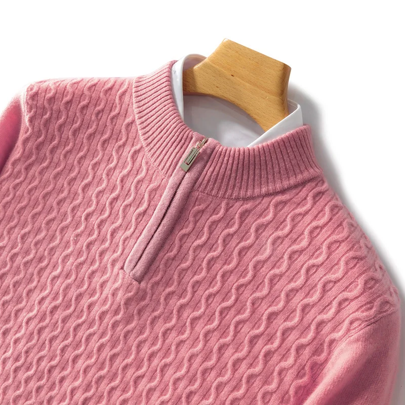 100% Pure Wool Knitted Pullover Thickened Men's Round Neck Zipper Sweater Business Casual Bottoming Shirt