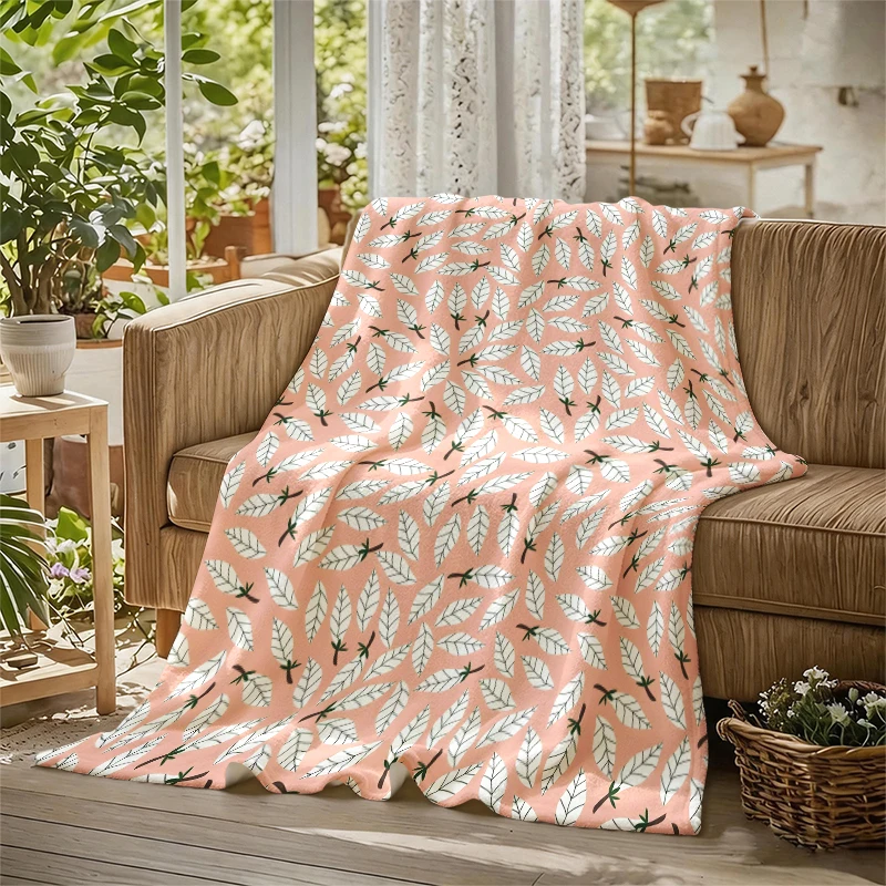Peach White Leaves Ultra-Soft Fluffy Flannel Blanket Super Cozy Lightweight Bed Blanket for Halloween Sofa Bed Christmas