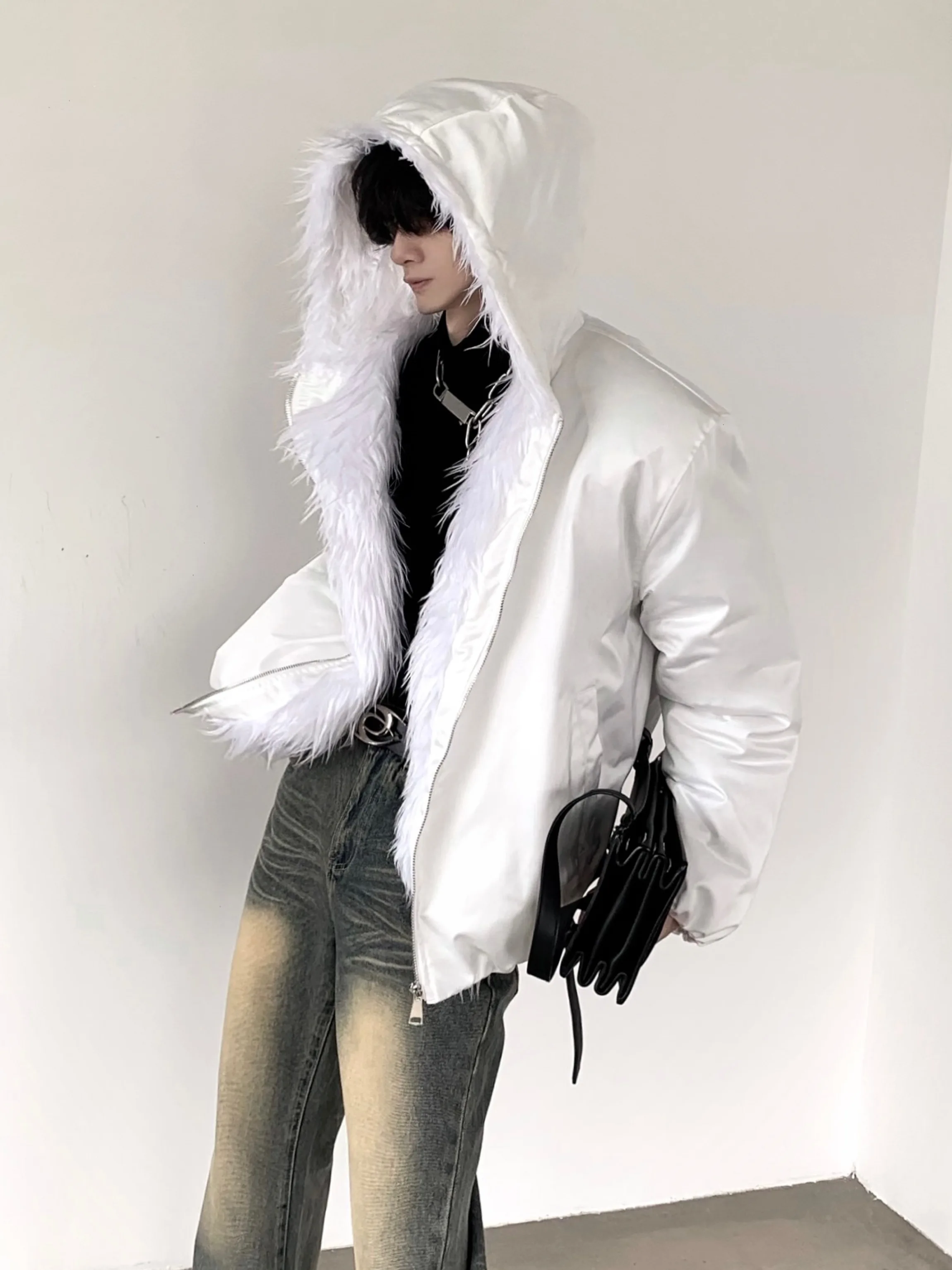 Thickened Hooded  Fur Collar Mountain Eagle Jacket Men's Winter Coat Cleanfit Casual Long Sleeve Zipper Closure Cotton C...