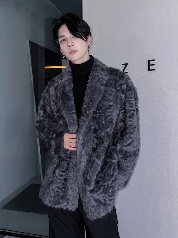 

ort Men's Faux Fur Jaet Warm Fluffy Inner Lake eepskin Coat Cleanfit Sle Double Button Closure round Hemline