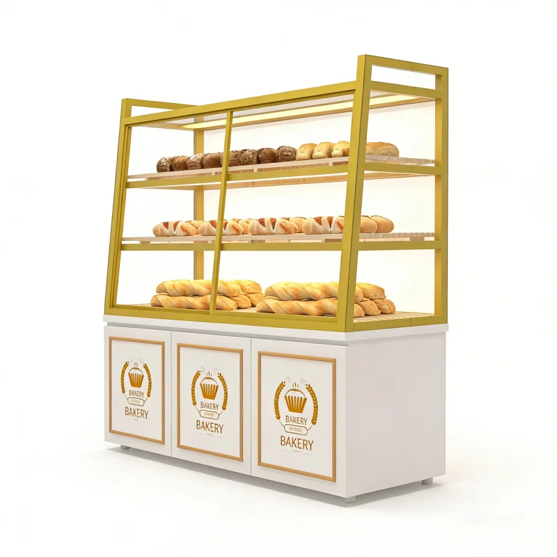custom.Custom Metal Bakery Pastry Bread Display Cabinet with Glass Door and Wooden Trays Commercial Supermarket