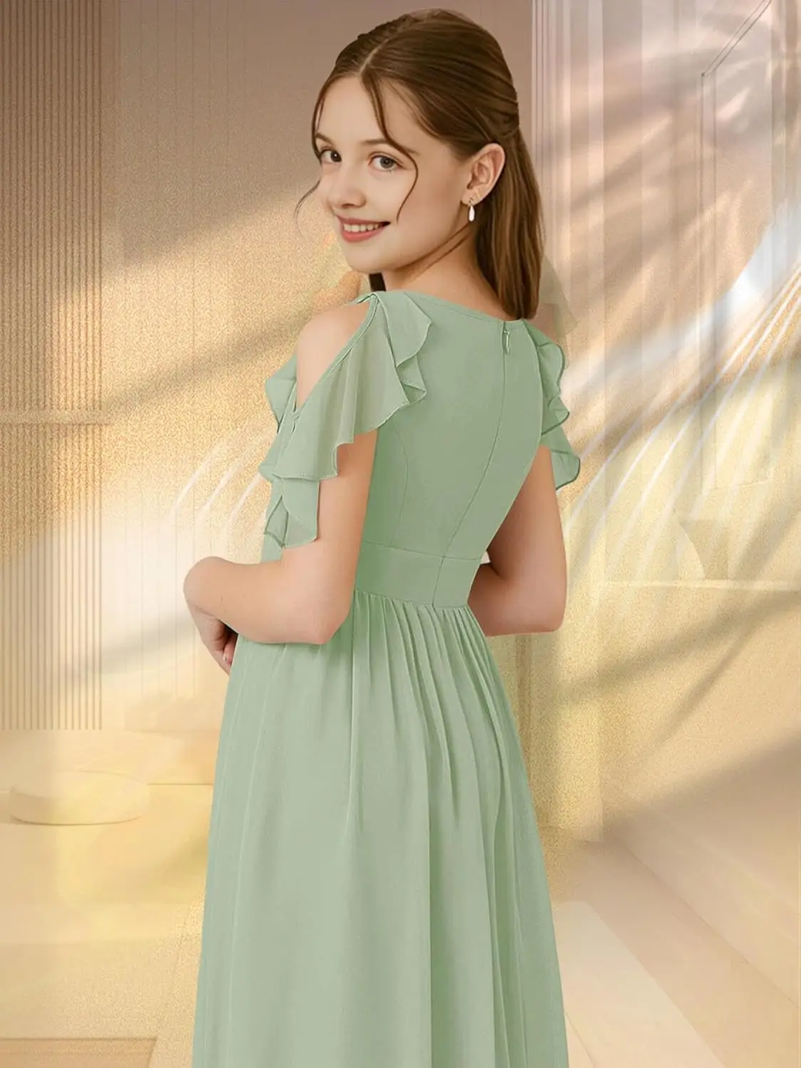 A라인 오프숄더 쉬폰 플라워 걸 드레스 A라인 주니어 정장 드레스 소매가 있는 소녀용 롱 드레스 프로무 드레스