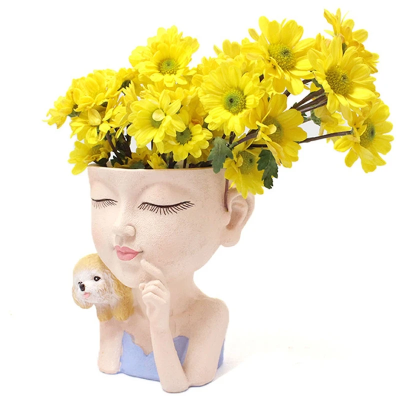 女の子とポンドの花のポットの装飾花ポットの装飾風景