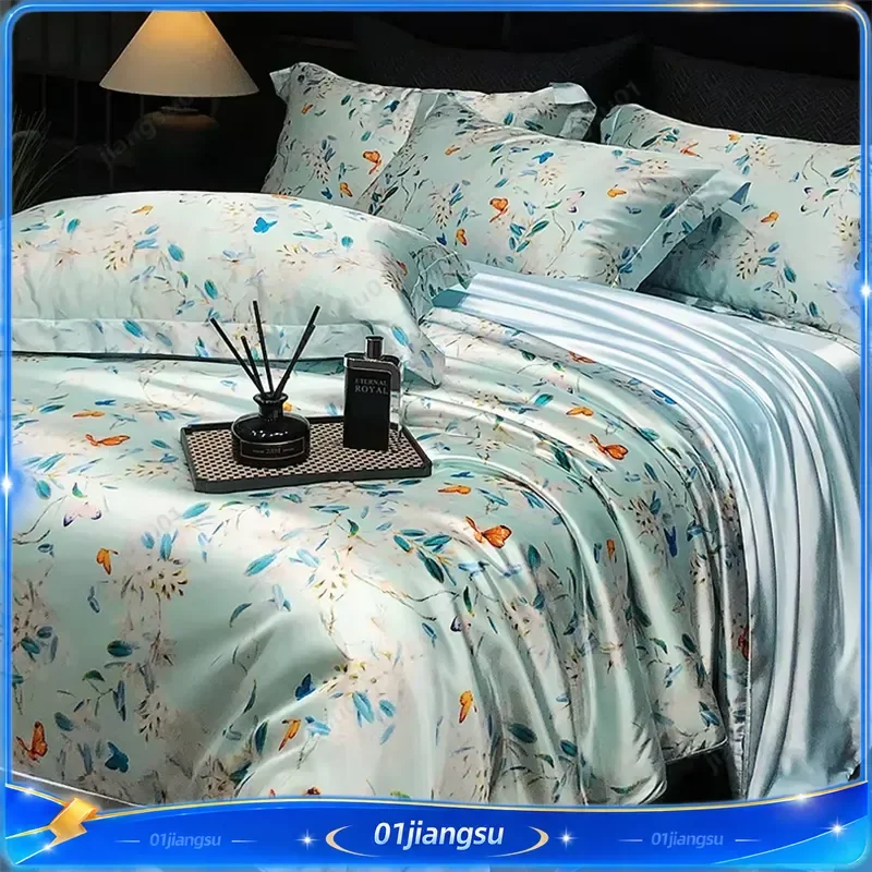 Luxury Floral Silk Bedding Set Duvet Cover Sheet Pillowcase Soft Smooth Nordic Style Single Double King Queen Size Home