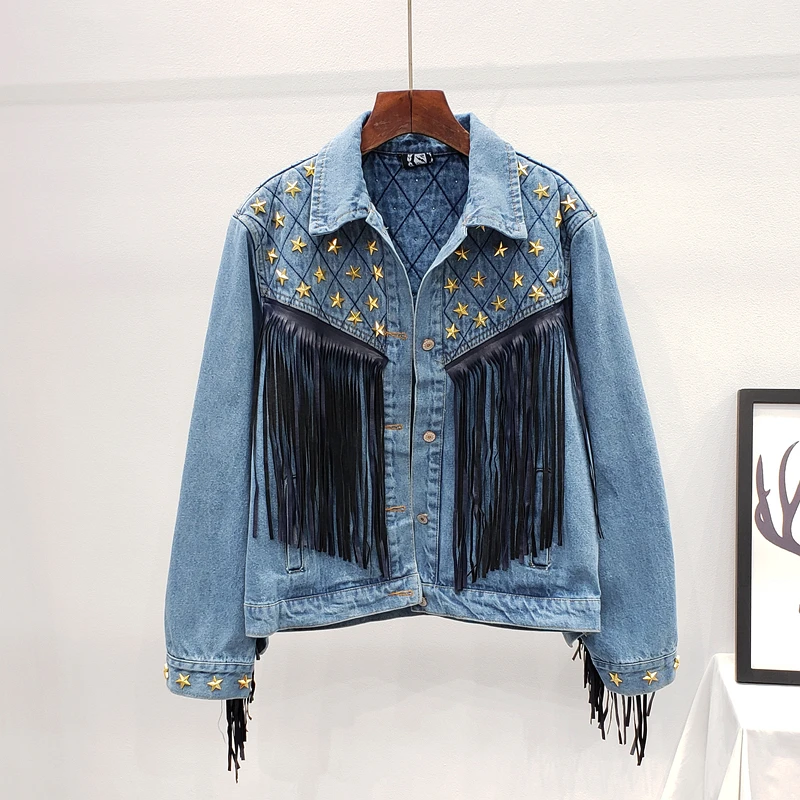 Nice Autumn Women Basic Coat Denim Jacket Five-pointed Star Rivet Tassel Jeans Jacket Female Loose Casual Outwear Plus Size P681