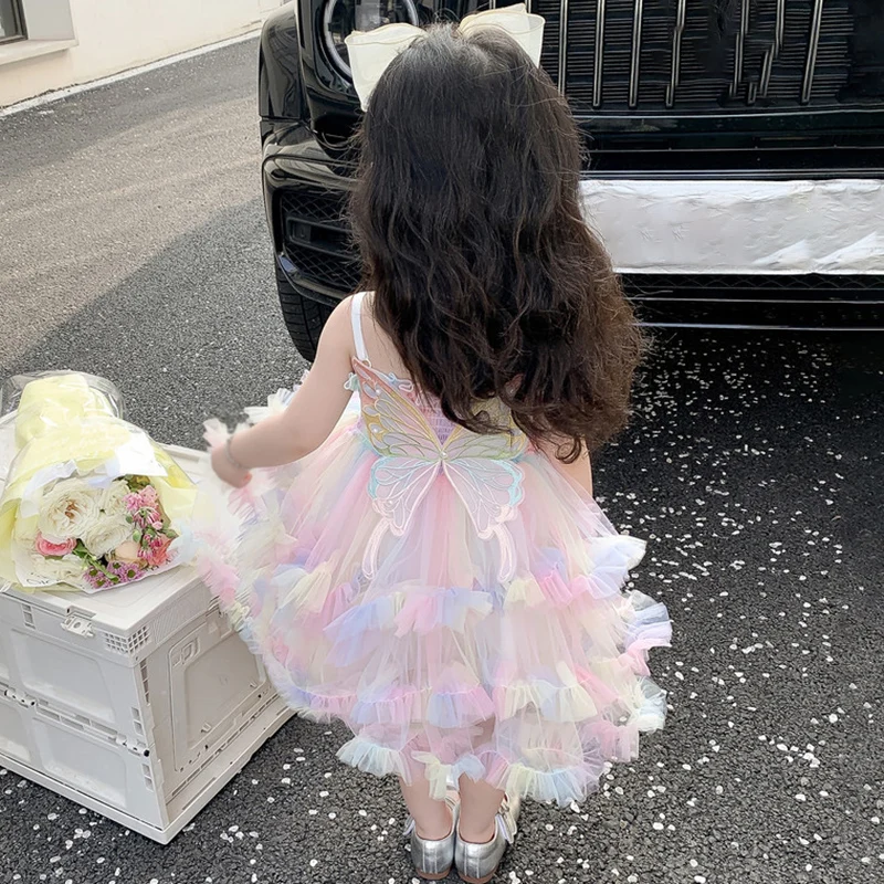 Baby Girls' Rainbow Tulle Vestido sem mangas inchado, conjunto princesa infantil, roupas para criança, festa de aniversário, verão, doce, infantil, 1-4 anos