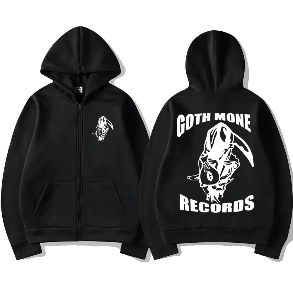 Goth Money Records Skull Graphic Zipper Hoodie Men Vintage Rock Gothic Zipper Sweatshirt Male Hip Hop Oversized Zip Up Jacket