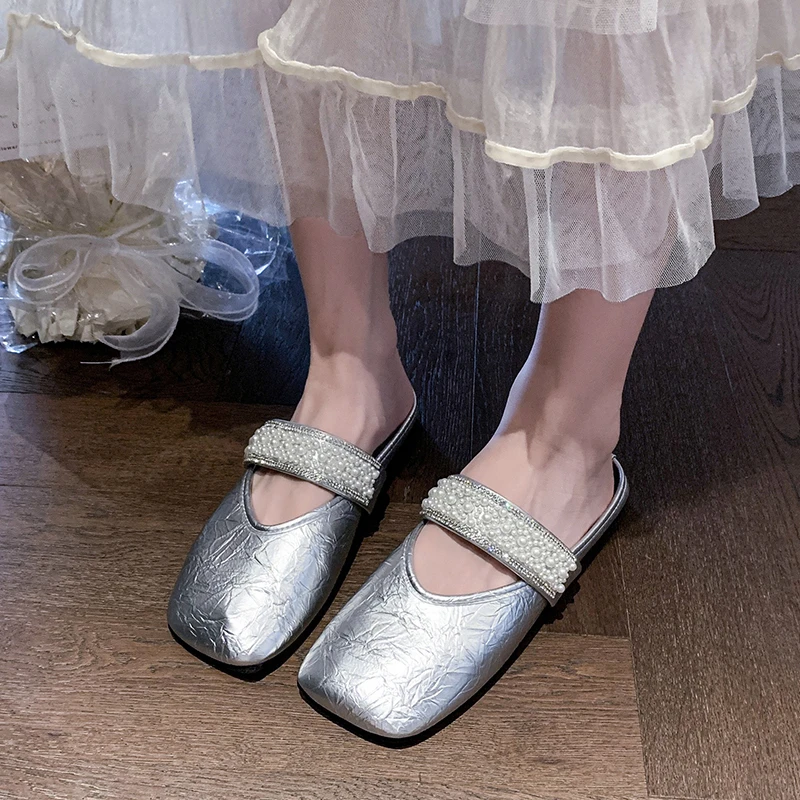 

Summer 2025 Flats Mules Women Shoes Slingback Slippers Women Designer String Bead Square-toed Sandals Dress Fashion Slides Women