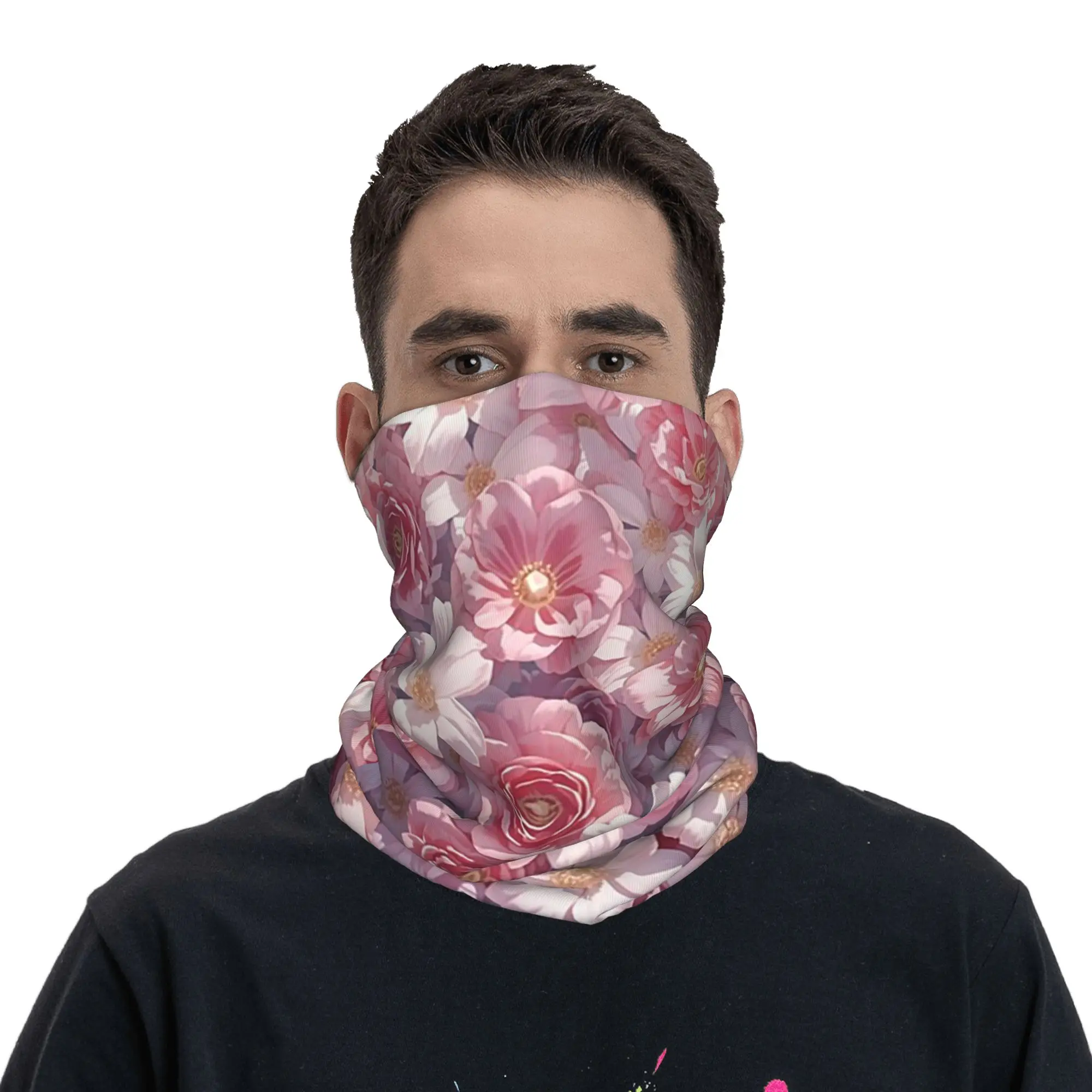 Pink Floral Garden Pattern Bandana Neck Gaiter Printed Magic Scarf Face Mask Hiking Fishing Unisex Adult Breathable