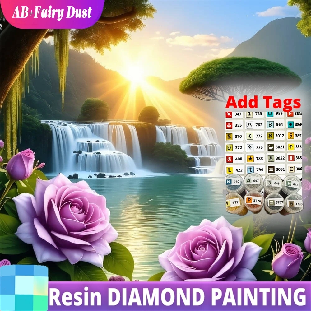 

Resin AB Fairy Dust 5D DIY Diamond Painting Waterfall Landscape Picture Of Rhinestones Sunset River Mosaic Flower Wall Decoratio