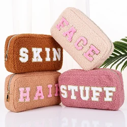 Cute Travel Chenille Letter Makeup Bag Preppy Fluffy Patch Cosmetic Pouch for Teens Girls Women Toiletry Storage Organizer