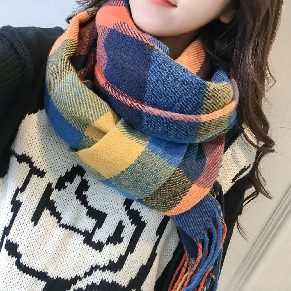 

Ветрозащитный клетчатый шарф двойного назначения, толстый, сохраняющий тепло, имитация кашемира, длинная шаль в корейском стиле, осень-зима