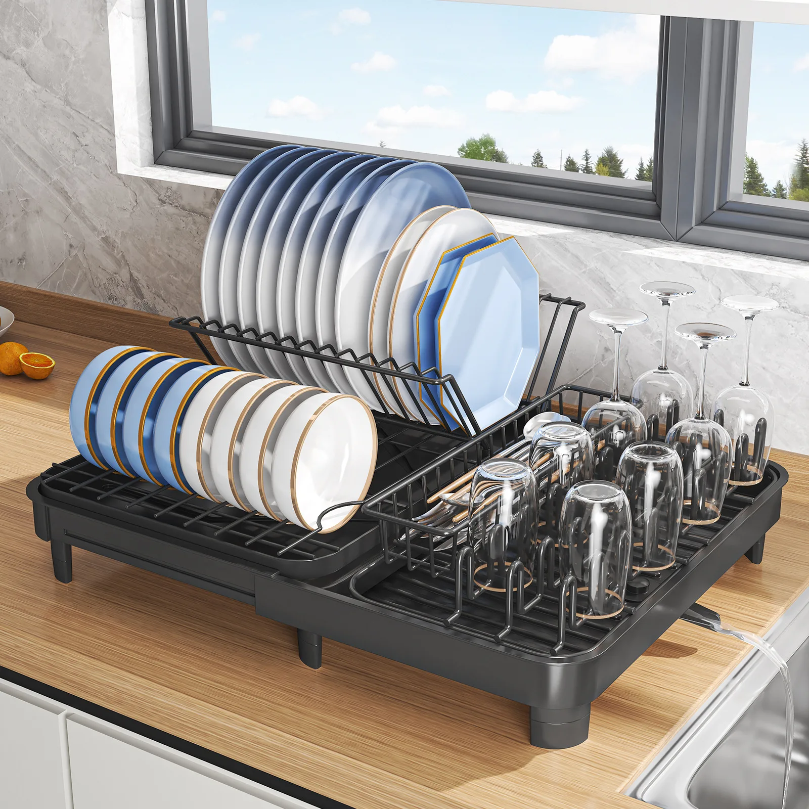 Stainless Steel Dish Drying Rack Adjustable Kitchen Plates Organizer with Drainboard Over Sink Plate Drainer Storage Organizer