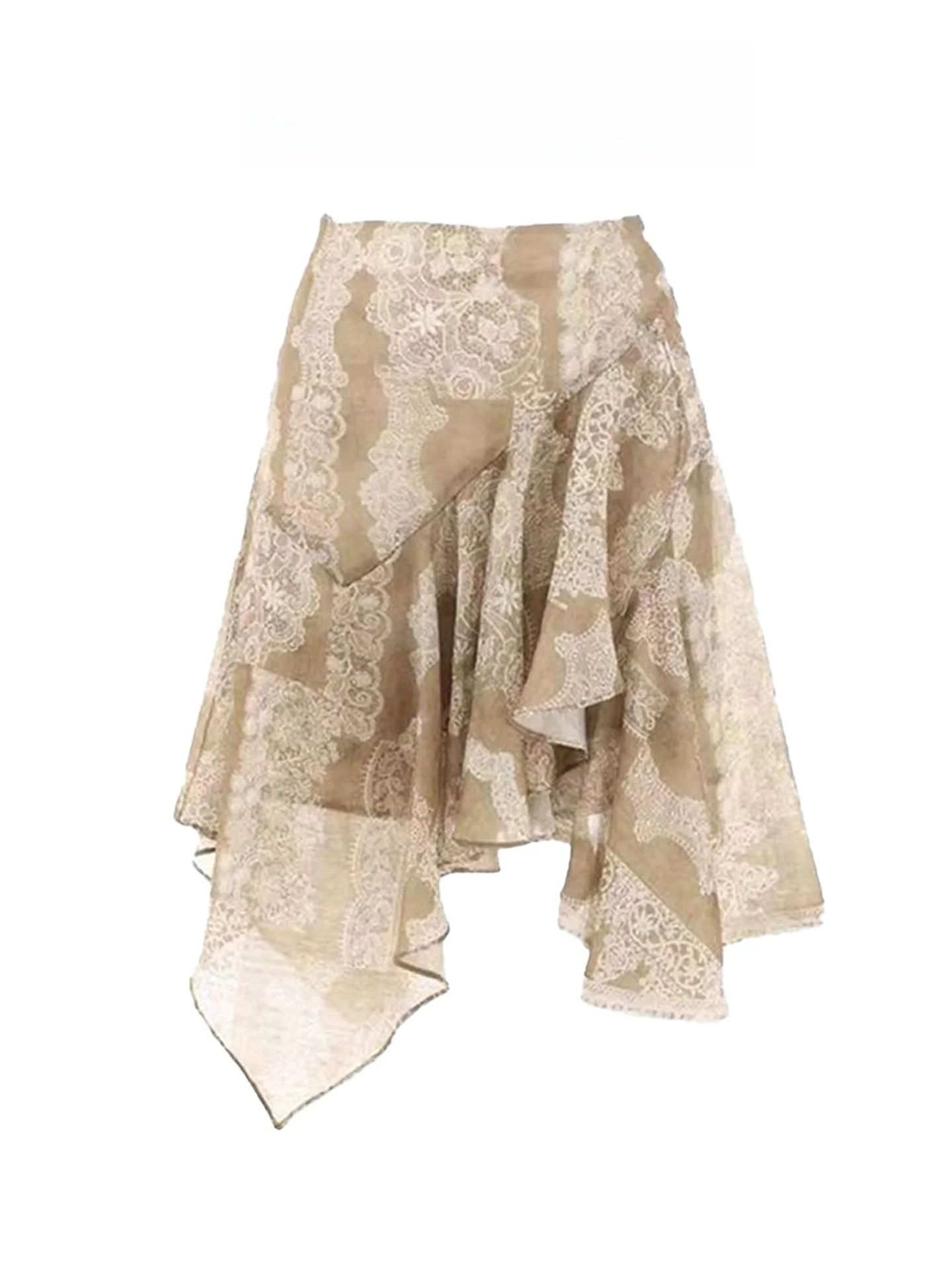 Khaki Lace Print Asymmetrical A-Line  Skirt Women's Summer Design Sense Short Skirt Retro High Waist Elastic Fabric