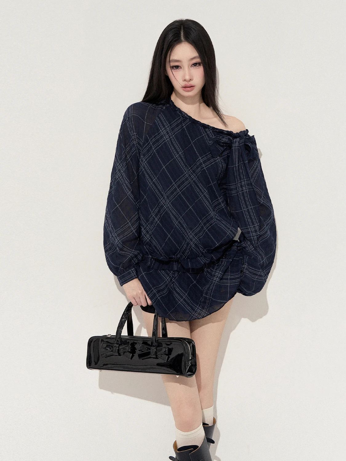 

Punch Date Loose irt Bouffant Sve Knot Plaid Spring Cotton Polyester Women's Ele Sle Breathable Long Sle...