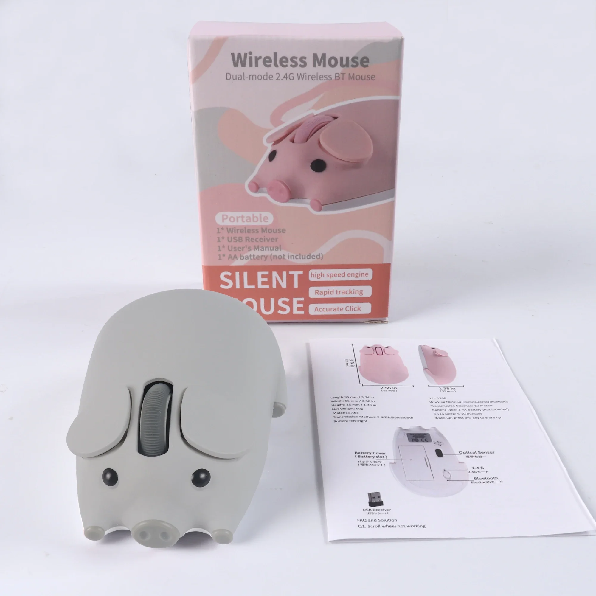 Cicha mysz bezprzewodowa Bluetooth 2.4G, uroczy wzór świnki z kreskówki, lekka, ergonomiczna, dla małych dłoni, myszki do komputera PC i laptopa dla dziewcząt. — zdjęcie produktu 4