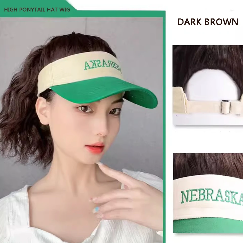 Gorra de béisbol con cola de caballo rizada para mujer, sombrero de peluca sintética, gorra de béisbol ajustable, verde y blanco, primavera y verano