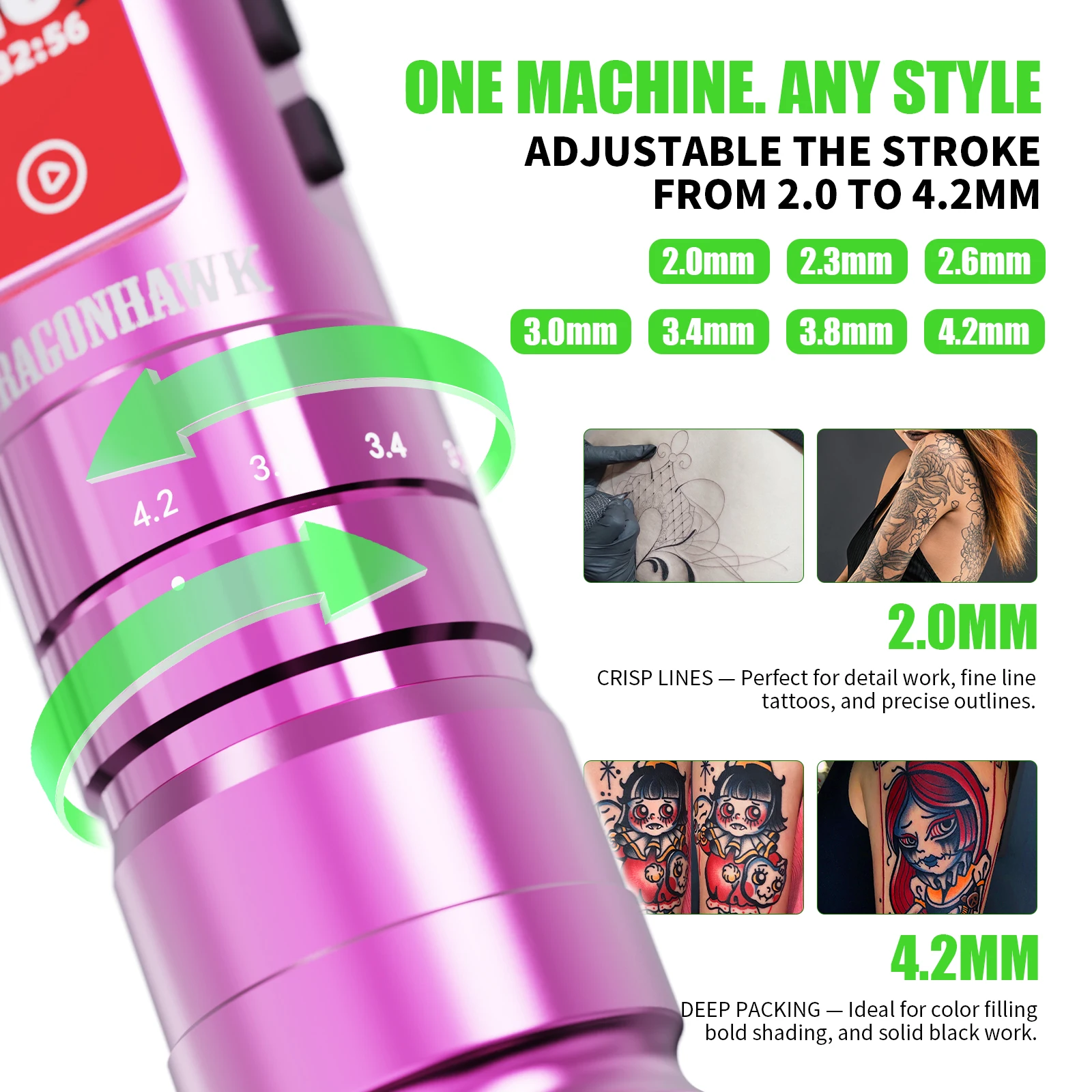 Dragonhawk Tattoo Kit Full Set Wireless Tattoo Machine A3 PRO Adjustable 2.0-4.2mm Stroke with 20 Cartridge Needle for Beginners