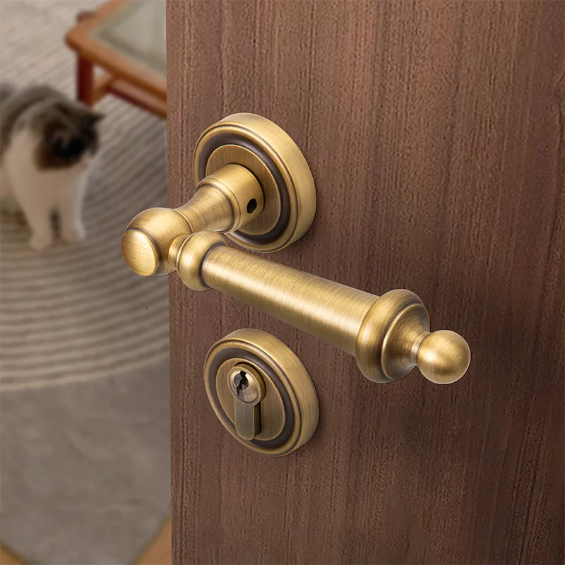 All Copper Silent French Door Lock Antique Bedroom Door Handle Pure Copper Double Door Huanggu Split Lock