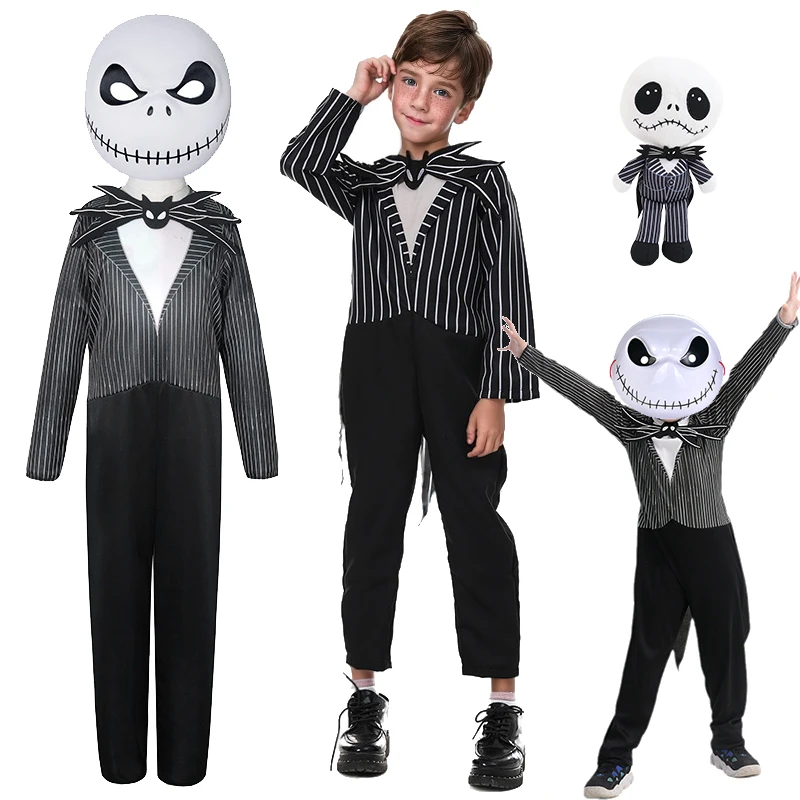 Halloween Jack Cosplay Nightmare Before Christmas Romper Jack Long-Sleeve Cotton Clothes Set with Shirt Trousers Mask Doll