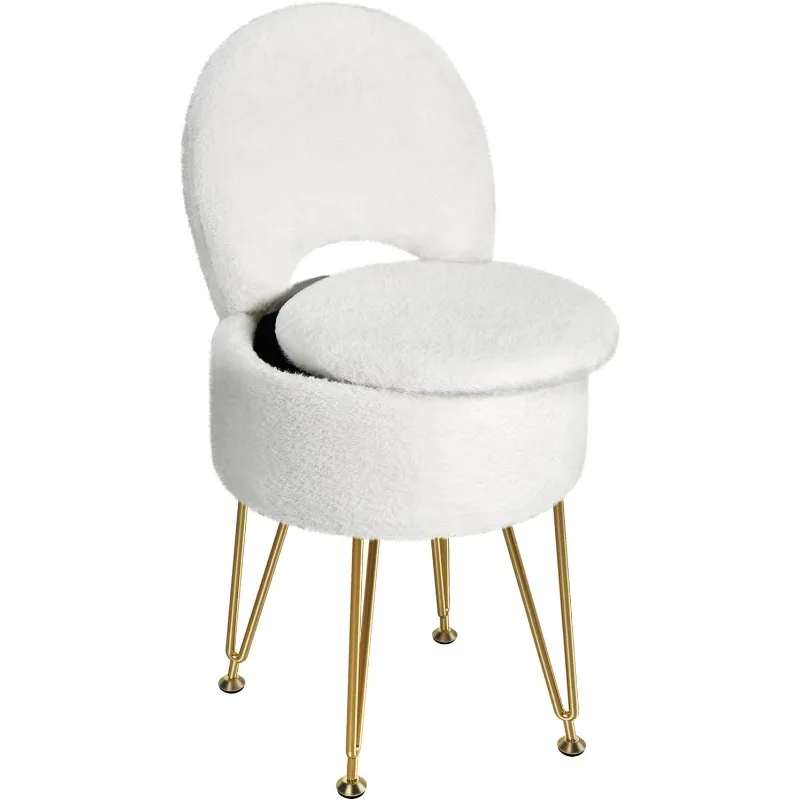 Small Vanity Stool Chair with Storage and Folding Back, Faux Fur Soft for Teenager, 4 Metal Legs with Anti-Slip Feet