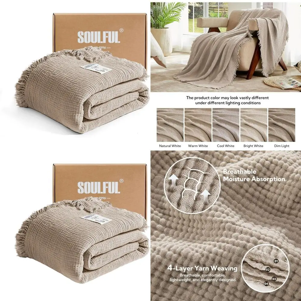 

King Size Soft Muslin Cotton Throw with Tassels - Lightweight Gauze Blanket for All-Season Use, Light Tan, 108x90
