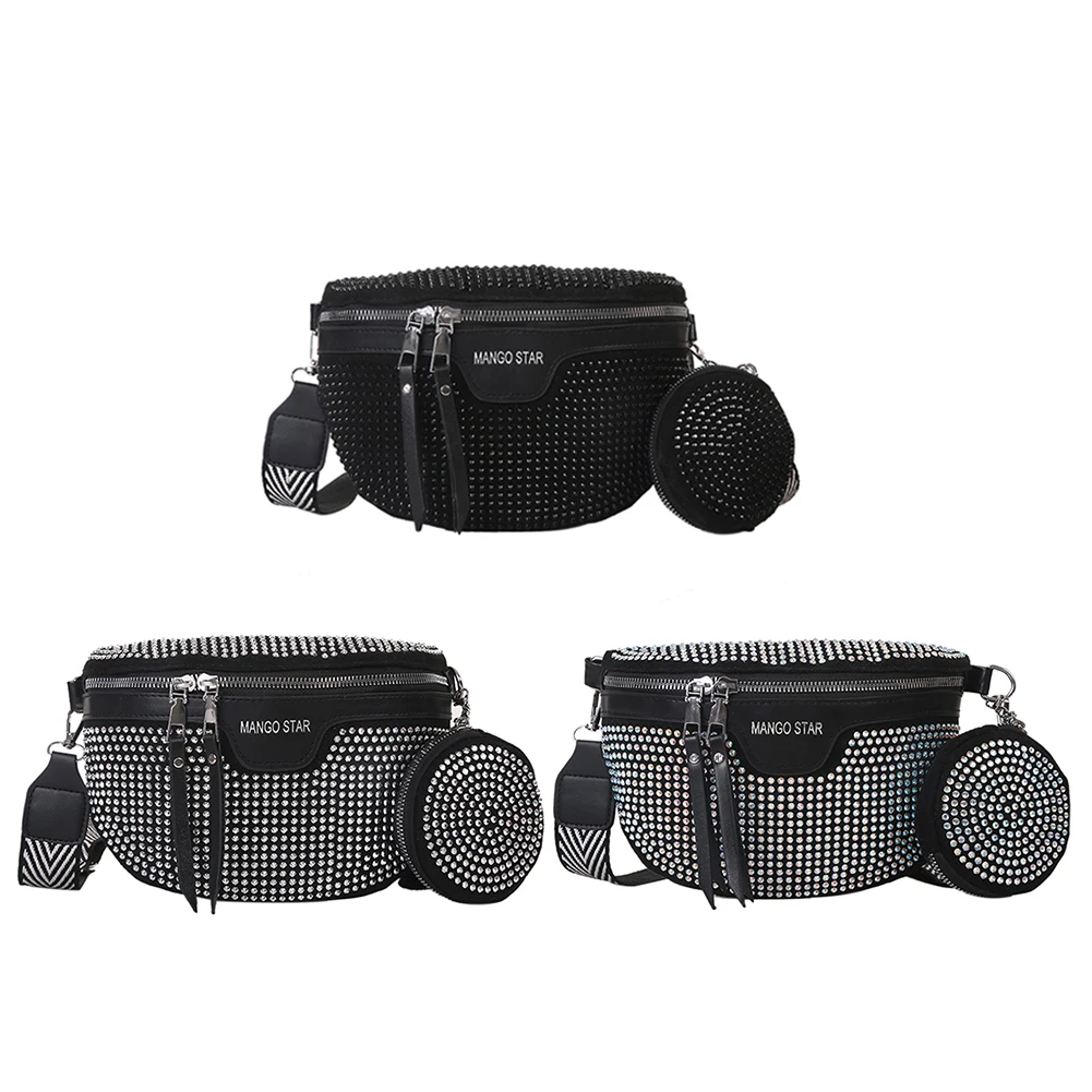 Fashion Rhinestone Waist Belt Bag Women Chest Crossbody Pack PU Bling Fanny Pack for Outdoor Shopping Business