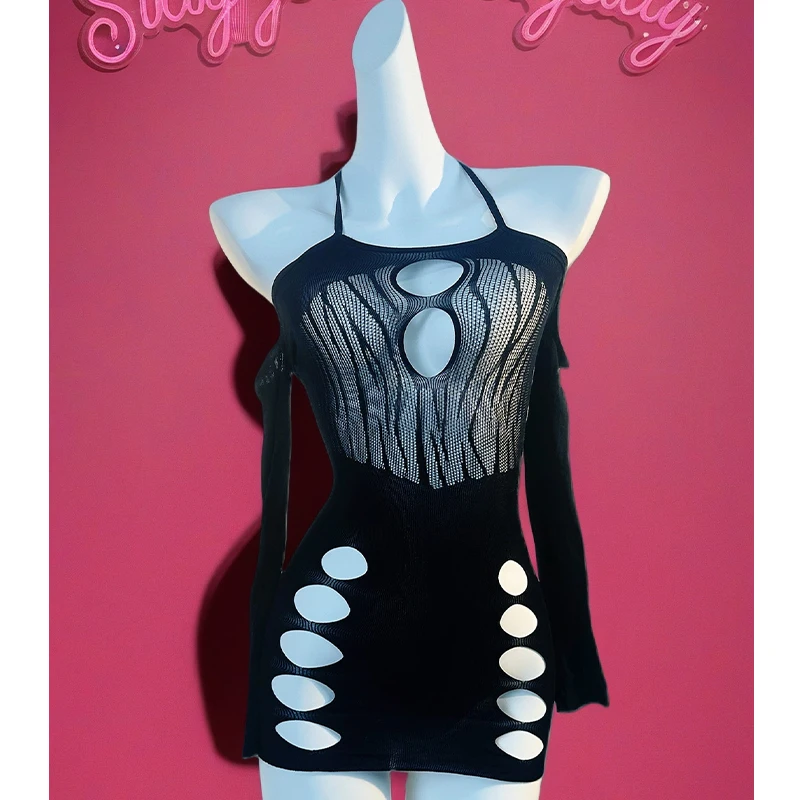 1PC 女性網タイツカバーアップビキニなしセクシーなランジェリーシースルー中空ボディコンドレス長袖ビーチウェア DS074