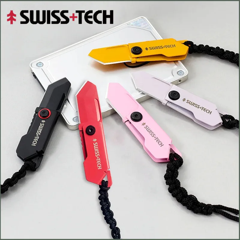 SWISS TECH Small Folding Knife Keychain Mini Pocket Knives For self-defense EDC Utility Box Cutter Gadgets Portable Rope Lanyard