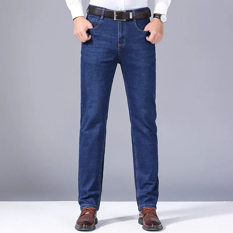 2025 새로운 스트레치 청바지 남성 일반 클래식 비즈니스 슬림 바지 블랙 블루 스트레이트 남성 브랜드 의류 바지 28-40