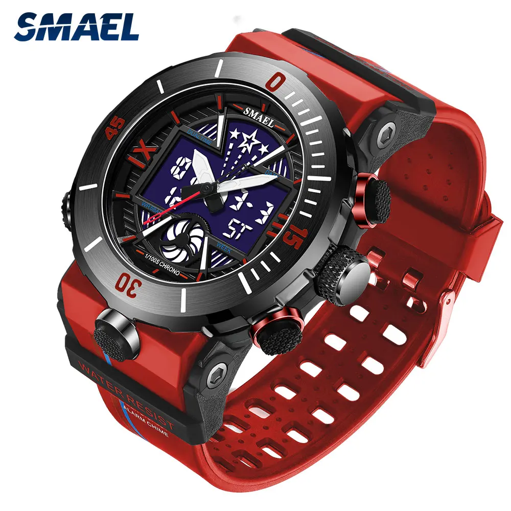 SMAEL Digital Watches for Men Waterproof Chronograph Quartz Electronic Military Sport Wristwatch with Date Week Alarm 8051 Red