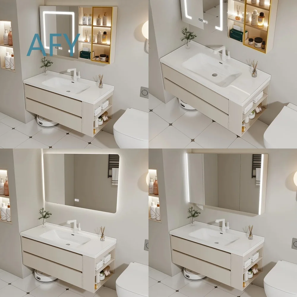 Modern Light Luxury Ceramic Integrated Basin Bathroom Cabinet Set with Side Storage for Hand Washing Sink Vanity Unit for