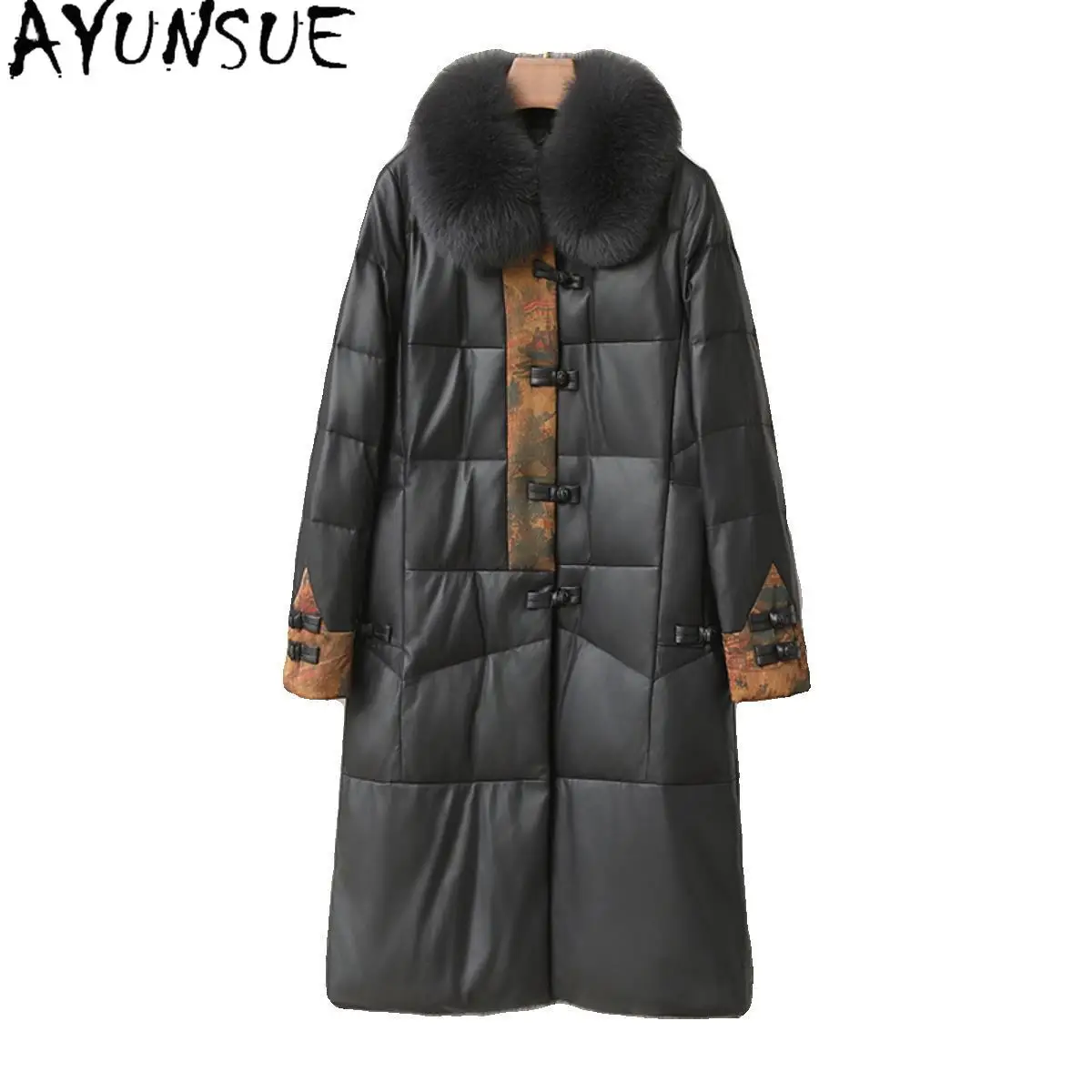 AYUNSUE 정품 가죽 다운 재킷 여성 겨울 의류 2025 중간 길이 양피 여성 코트 여우 모피 칼라 Jaqueta De Couro